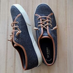 Sperry Top Slider Wool Knit Gray Leather Laces Slip On Comfort Sneakers